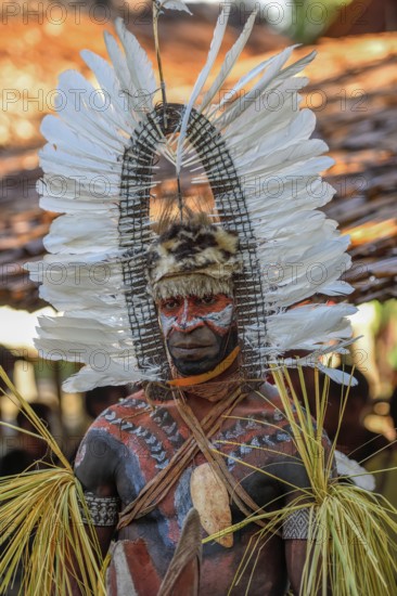 Portrait, warrior with feather decoration and body painting in the village of Upovia, Lake Murray,