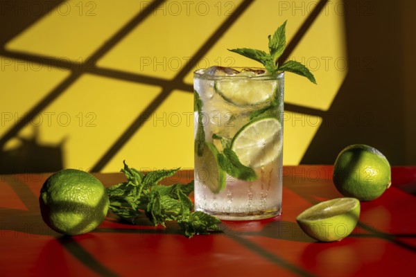 A refreshing classic mojito with lime and mint is set against a vibrant yellow and yellow backdrop.