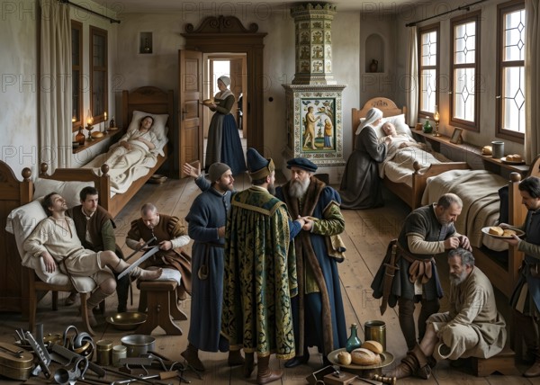 A hospital, bedside experience according to Paracelsus, historical illustration, digitally edited,