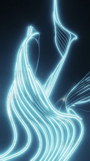 This illustration features glowing neon blue lines that form an abstract, fluid design against a