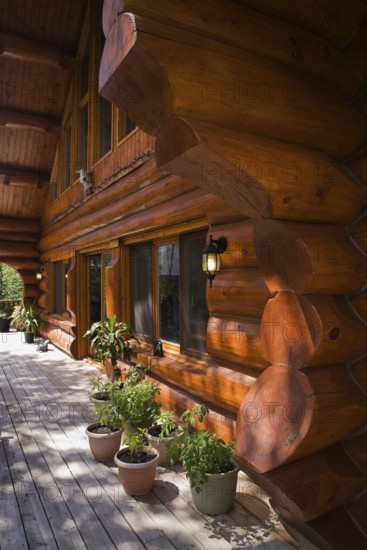 Brown reddish stained Scandinavian log cabin home facade with large chinked logs and grey wood