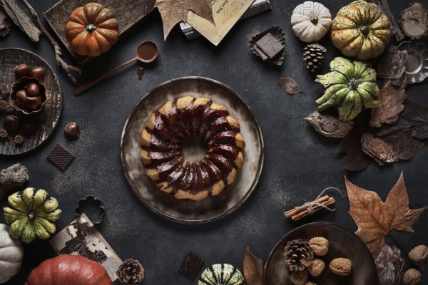 From above tasty appetizing pumpkin cake with chocolate cream on table decorated with autumn