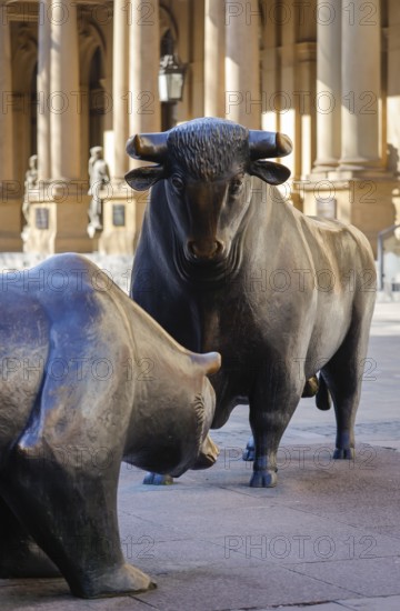 Bull and bear on the stock exchange square in front of the stock exchange, Frankfurt am Main,