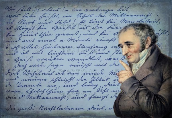 Handwritten manuscript and portait of Johann Peter Hebel, 1760 - 1826, German poet, Protestant