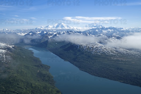Chelatna Lake, Mt Foraker and Mt Denali or Mount McKinley, aerial view, Alaska Range, Denali