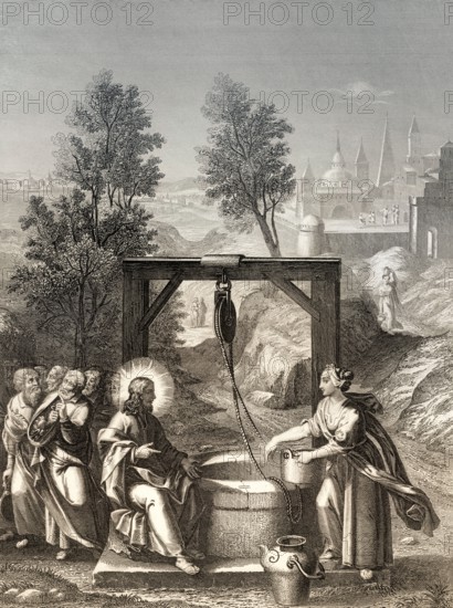 Jesus talks with a Samaritan woman, New Testament, Steel engraving 1853, digitally restored