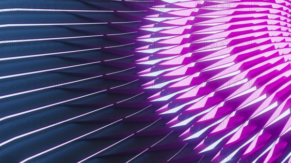 Bright neon lights illuminate a backdrop of abstract geometric shapes, creating an engaging visual