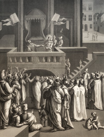 Pilate presenting a scourged Jesus to the people of Jerusalem, New Testament, steel engraving 1853,