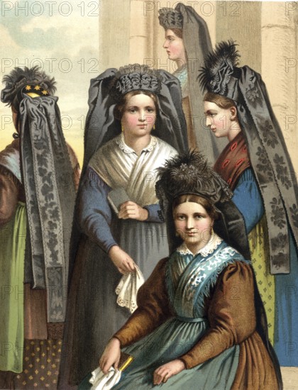 Traditional costumes in Germany around 1820, Thuringia, group of woman in traditional traditional