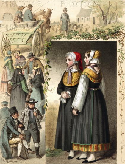Traditional costumes in Germany around 1820, Mecklenburg, scenes of a village market with people in