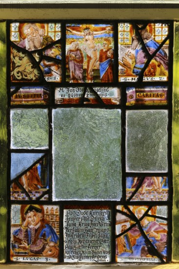 Parts of a church window, historical and partly destroyed church window, Protestant St. Andrew's