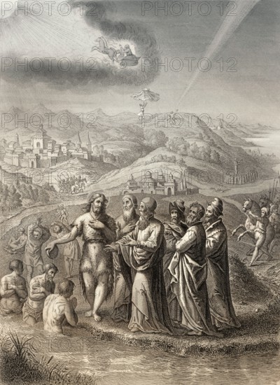 The Jews sent priests and Levites from Jerusalem to ask John the Baptist, Steel engraving 1853,
