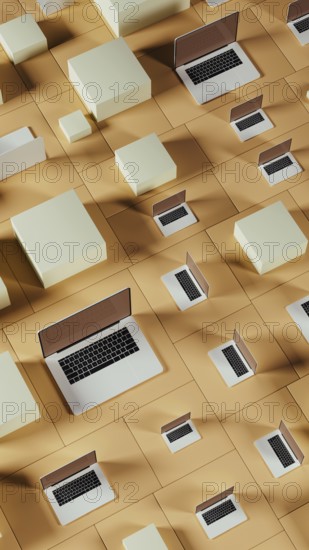 Multiple laptops arranged on a tiled background featuring abstract geometric shapes and blocks,