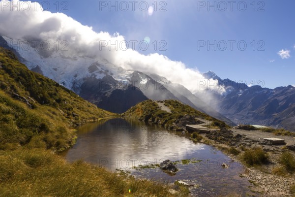 Breathtaking beauty of autumn at Mount Cook, New Zealand. The scene captures the tranquil mountain