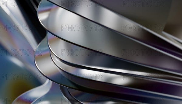 This image features smooth, flowing metallic curves with reflective surfaces in a 3D render,
