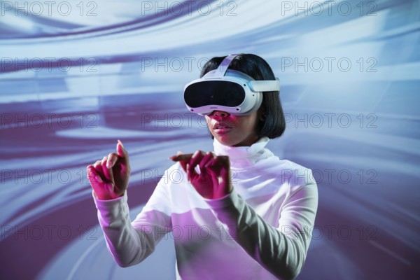 Latin woman immersed in a virtual reality experience, wearing VR glasses and interacting with a