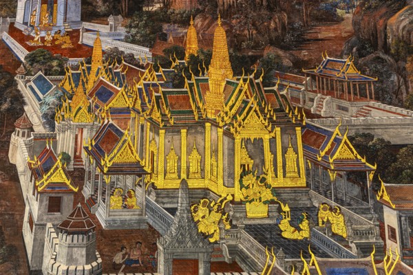 The Grand Royal Palace, Wat Phra Kaeo Buddhist Temple, wall painting on galleries with Buddhist