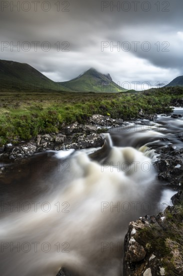 River Sligachan, Cuillin Mountains in the background, Isle of Skye, Highlands, Inner Hebrides,