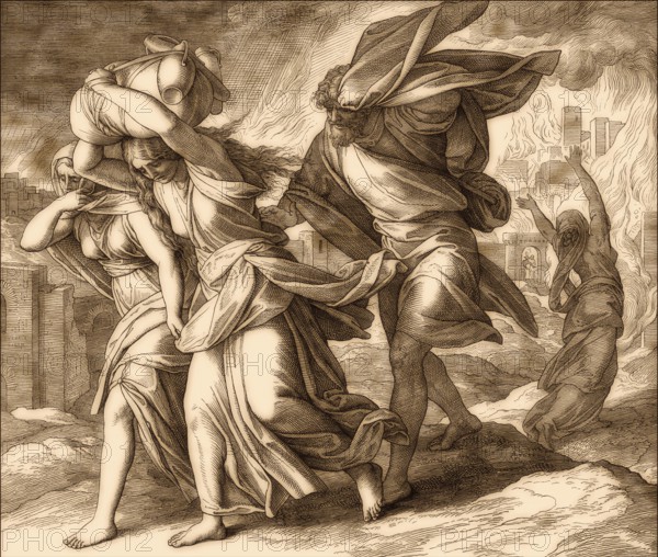 Lot and his family fleeing from burning Sodom and Gomorrah, Old Testament, by Julius Schnorr von