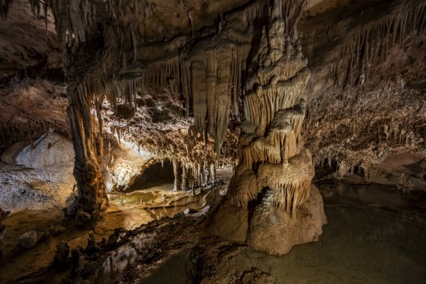 Stalactites and stalagmites, rock formations in a stalactite cave with water basin, Grotta del