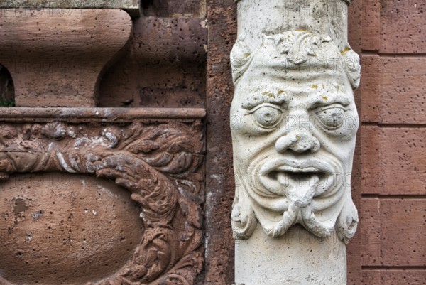 Stone figure at the entrance gate, Abbey Castle Corvey in Hoexter, Weserbergland, North Rhine