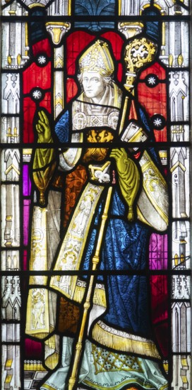 Stained glass window depicting Bishop Thomas Ken 1637–1711, Ansford church, Somerset, England, UK