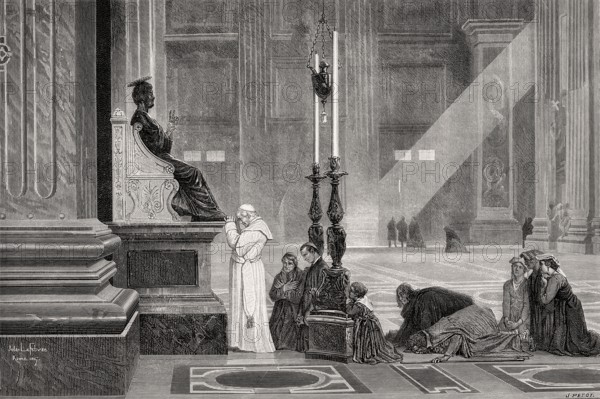 Pope Pius IX at bronze statue of Saint Peter, St. Peter's Basilica, Vatican, Rome, Italy, 19th