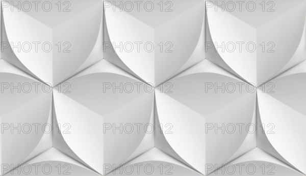 Minimalist 3D illustration with crisp white cubic and petal-like patterns forming a seamless