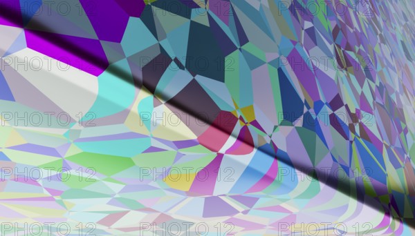 This image displays a vivid 3D rendering of irregularly shaped color polygons that overlap and