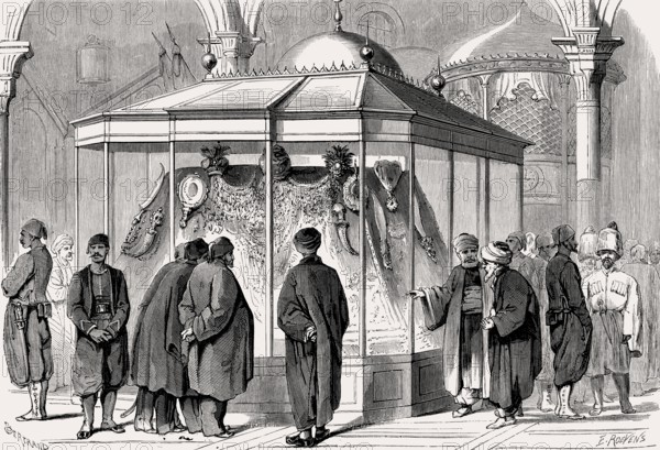 Showcase with the Turkish crown jewels, Ottoman General Exposition, Constantinople, Ottoman Empire,