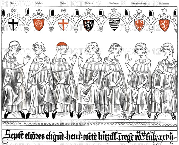 Illustration of Prince-electors in deliberation, from left: Archbishop of Cologne, Archbishop of