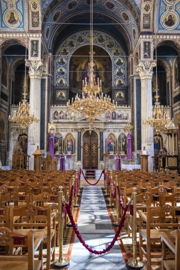 Cathedral of the Annunciation, Greek Orthodox Church, altar and rows of chairs, decorated interior,