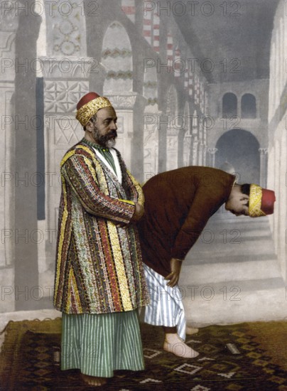 Muslims at prayer, Holy Land, Historical, Digitally restored reproduction from a 19th century