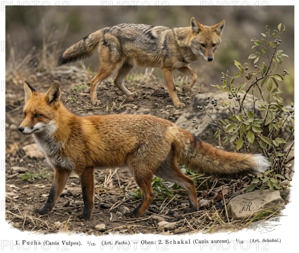 Fox (Canis vulpes) and jackal (Canis aureus), display board, historical illustration, digitally