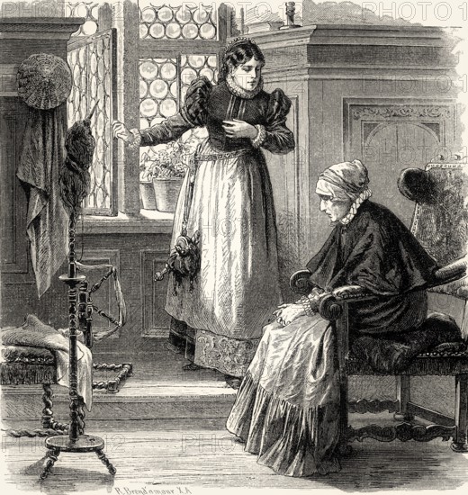 ACT I, SCENE III., Citizen's House, Clara with her mother, scene from EGMONT by Johann Wolfgang von