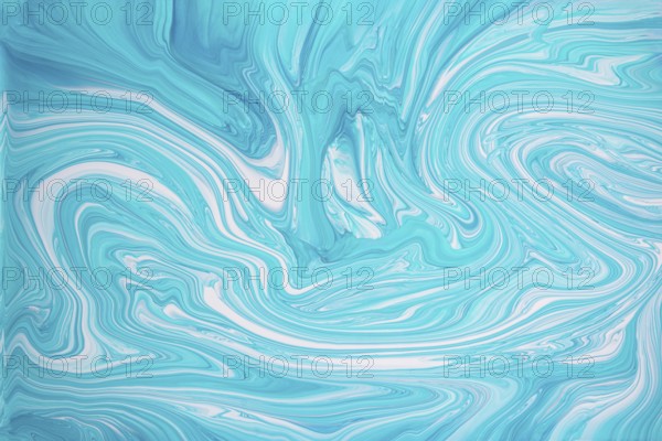 A captivating abstract design featuring turquoise and white acrylic paint swirls. The fluid pattern