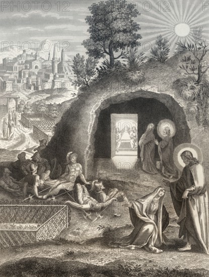 The empty tomb, Mary Magdalene, Resurrection of Jesus, New Testament, steel engraving 1853,