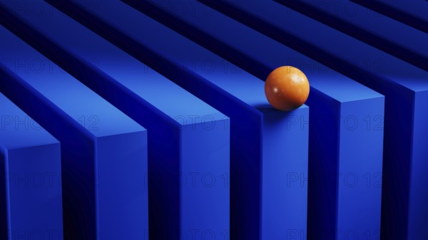An orange sphere balances on blue geometric forms, creating a vibrant contrast against the