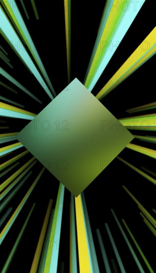 A vibrant 3D render featuring a central glowing cube surrounded by dynamic green and yellow beams