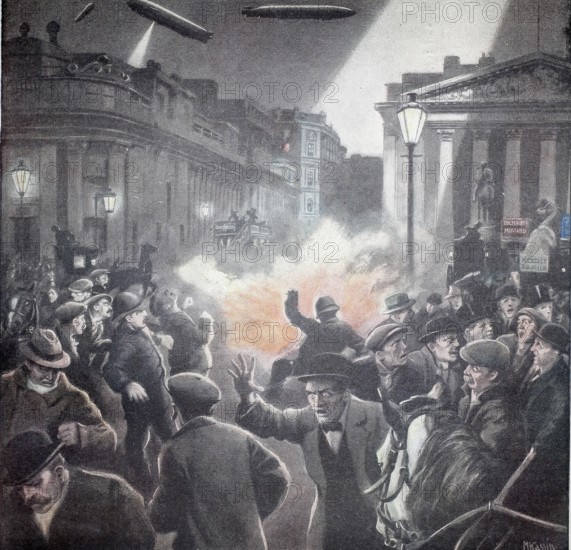 World War 1, Zeppelins at work, bombing, panic in the streets of an English town (original picture