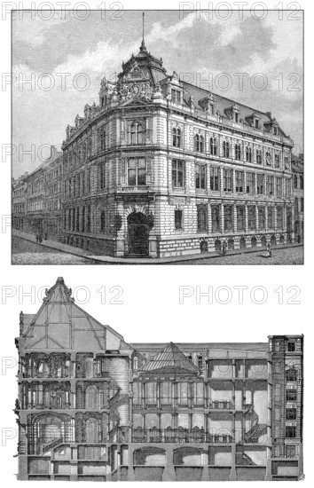 Historic illustration, 19th century, Bank building, Bayerische Vereinsbank, Munich, Bavaria,