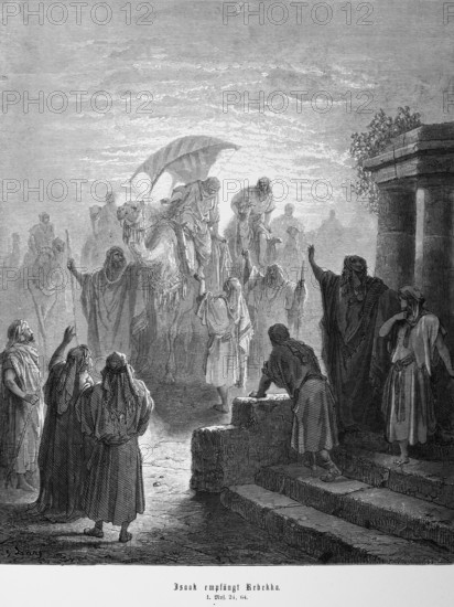 Bible, Isaac receives Rebekah, Genesis, 24, 64, camel, horsewoman, many people, waving, pillars,