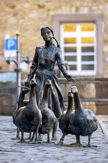 Bronze statue of a girl with geese on cobblestones, in the background a building with white