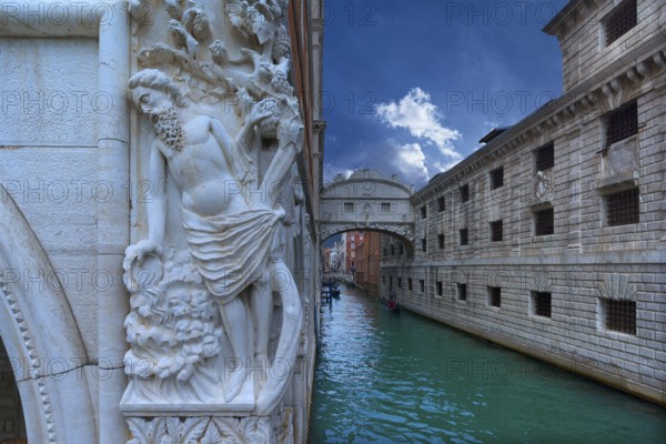 Bridge of Sighs, a sculpture on the left, Noah's drunkenness at the Ducal Palace, Venice, Veneto,