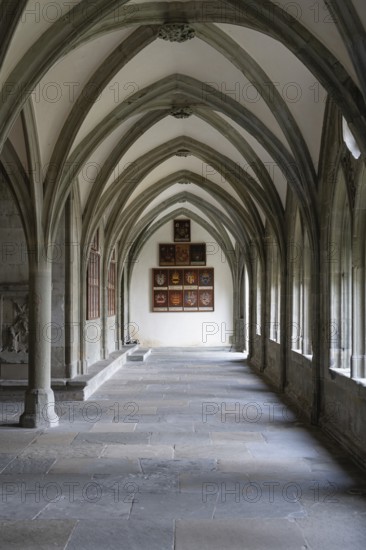 Perspective interior view of a historic Gothic cloister with cross-ribbed vaulting, ogival windows