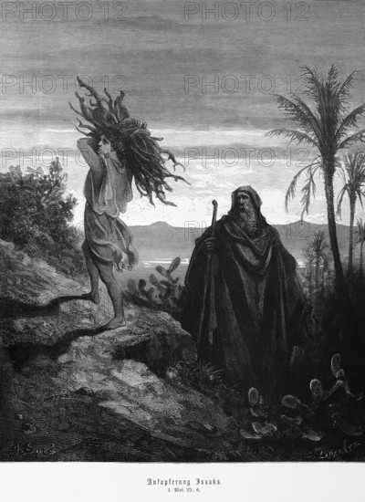 Bible, sacrifice of Isaac, Genesis, 22, 6, collecting wood, work, palm trees, landscape, old man,
