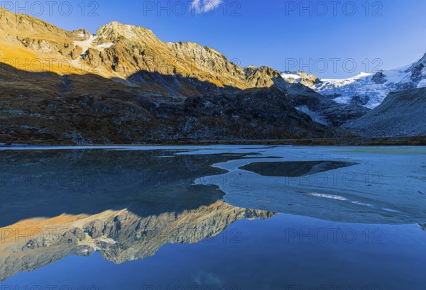 The Moiry glacier and mountain peaks are reflected in Lac de Chateaupre, Val d'Anniviers, Valais