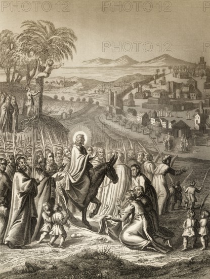 Jesus's triumphal entry into Jerusalem on Palm Sunday, New Testament, steel engraving 1853,