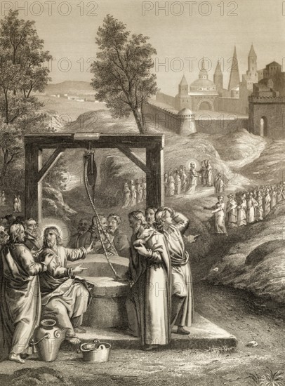 Jesus talks with a Samaritan woman, the Samaritan woman returns, New Testament, Steel engraving