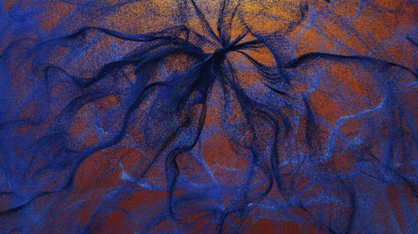 An intricate design featuring swirling particles in shades of blue and orange This abstract